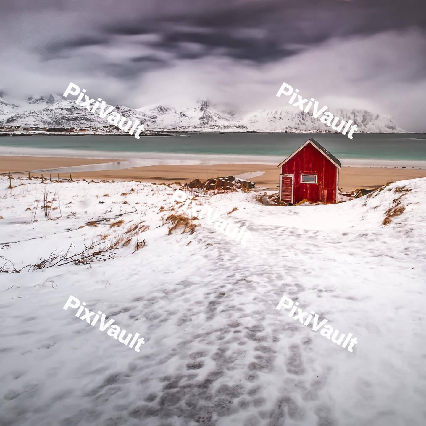 Red cabin with snow